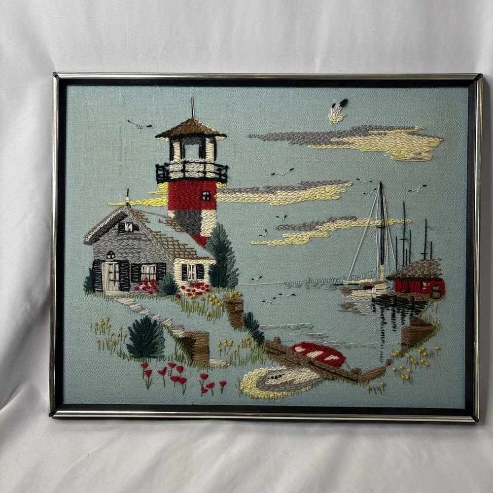 Vtg Paragon Needlecraft Crewel Embroidery‎ Cape Cod Lighthouse Framed 21x17